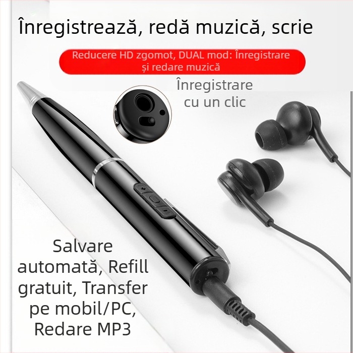 Înregistrator de voce în formă de stilou, înregistrare cu un singur clic, 5 ore de înregistrare, transfer USB 2.0, suport card TF