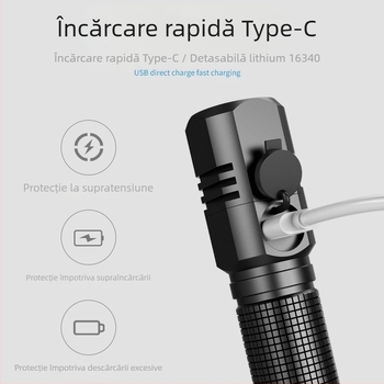 Lanternă de buzunar cu LED 18W, rază de acțiune 200 m, carcasă din aliaj de aluminiu, compatibilă cu baterii 16340/18350/18650