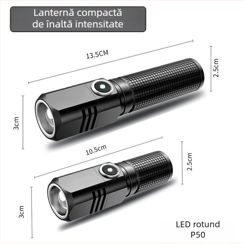 Lanternă de buzunar cu LED 18W, rază de acțiune 200 m, carcasă din aliaj de aluminiu, compatibilă cu baterii 16340/18350/18650