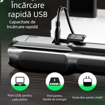 Lanternă tactică LED, cu zoom, reîncărcabilă, baterie 1800mAh, rază 100–200 m, rotație 360°, încărcător inclus