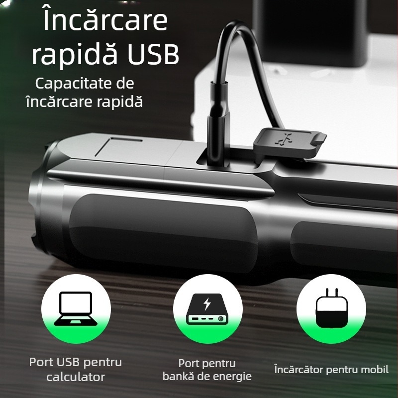 Lanternă tactică LED, cu zoom, reîncărcabilă, baterie 1800mAh, rază 100–200 m, rotație 360°, încărcător inclus