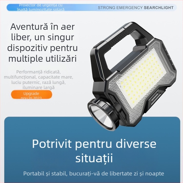 Proiector de urgență alimentat cu energie solară, lampă portabilă pentru camping cu surse LED duble, lanternă de exterior ultra-subțire cu acționare manuală (rază >500 m, baterie 1200 mAh)
