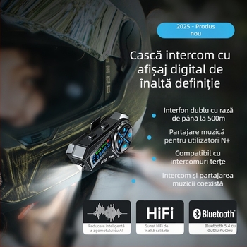 Cască Bluetooth pentru motocicletă, cu difuzor încorporat, potrivită pentru cască half-face și full-face, autonomie baterie 22 h, rază 10 m, Bluetooth 5.4, sunet stereo