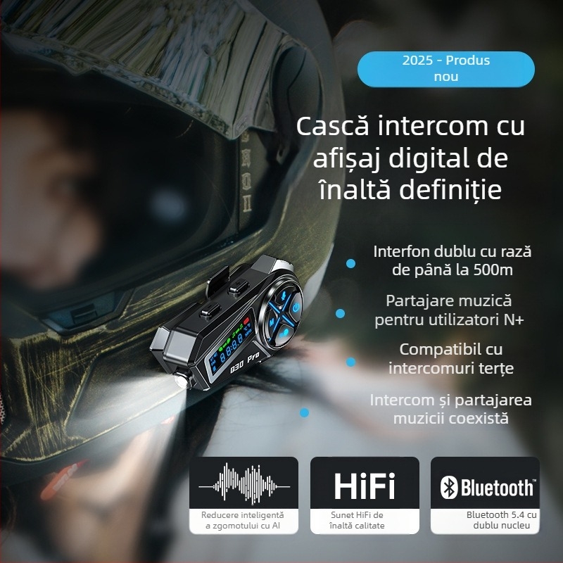 Cască Bluetooth pentru motocicletă, cu difuzor încorporat, potrivită pentru cască half-face și full-face, autonomie baterie 22 h, rază 10 m, Bluetooth 5.4, sunet stereo