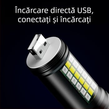 Lanternă de mână LED P60 din aliaj de aluminiu, design telescopic, încărcare USB, lumină laterală, până la 500 lm, model Ym-9102