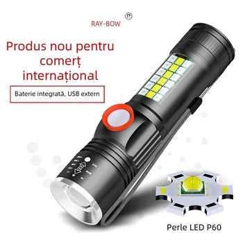 Lanternă de mână LED P60 din aliaj de aluminiu, design telescopic, încărcare USB, lumină laterală, până la 500 lm, model Ym-9102