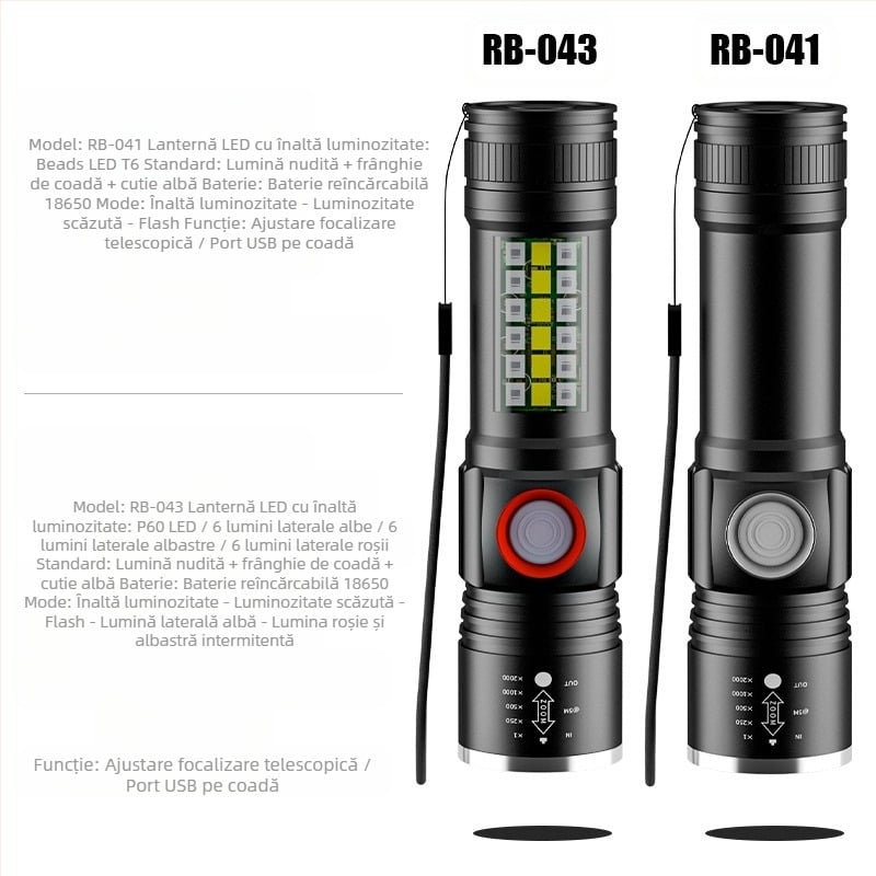 Lanternă de mână LED P60 din aliaj de aluminiu, design telescopic, încărcare USB, lumină laterală, până la 500 lm, model Ym-9102