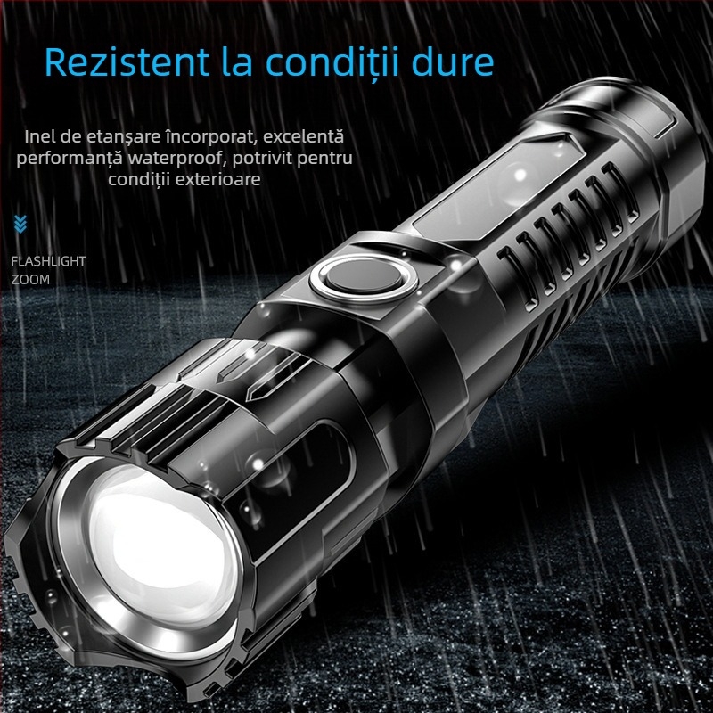 Lanternă de buzunar USB reîncărcabilă cu zoom telescopic și iluminare flood mare — LED, 800 mAh, 3.7V, ABS corp, rază 100–200 m, durată baterie 1–2 h
