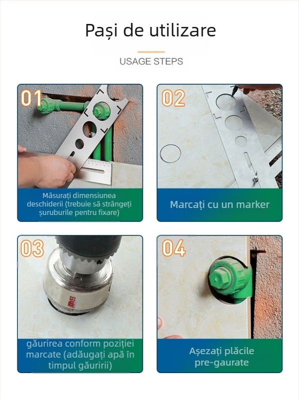 Locator de găuri pentru plăci și unealtă de perforare — Unelte multifuncționale reglabile pentru deschiderea găurilor (sticlă)
