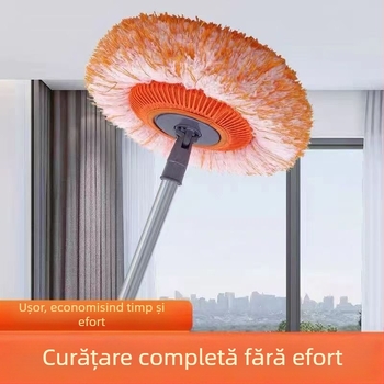 Mop plat multifuncțional, în formă de floare de soare, cu cap din microfibră și tijă din oțel inoxidabil; cap mop din bumbac țesut; uscare 80–90%; sarcină sub 10 kg.