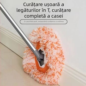 Mop plat multifuncțional, în formă de floare de soare, cu cap din microfibră și tijă din oțel inoxidabil; cap mop din bumbac țesut; uscare 80–90%; sarcină sub 10 kg.