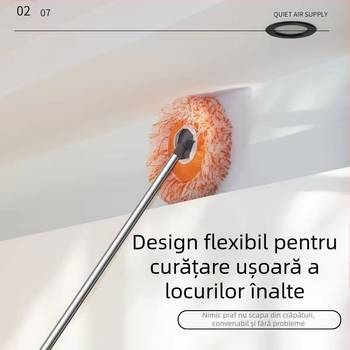 Mop plat multifuncțional, în formă de floare de soare, cu cap din microfibră și tijă din oțel inoxidabil; cap mop din bumbac țesut; uscare 80–90%; sarcină sub 10 kg.