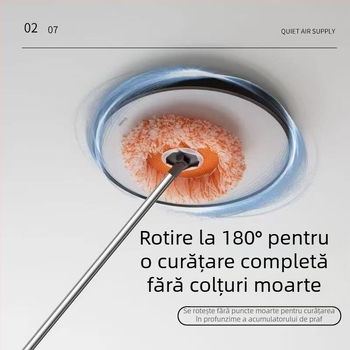 Mop plat multifuncțional, în formă de floare de soare, cu cap din microfibră și tijă din oțel inoxidabil; cap mop din bumbac țesut; uscare 80–90%; sarcină sub 10 kg.