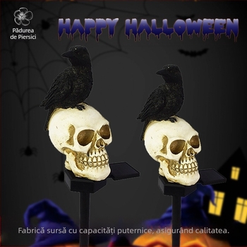 Lampă solară de exterior, decor Halloween cu craniu și corb, lampă din rășină pentru grădină