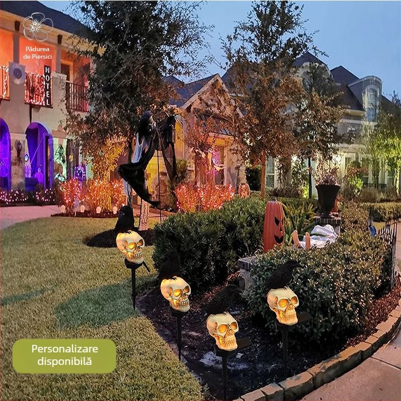 Lampă solară de exterior, decor Halloween cu craniu și corb, lampă din rășină pentru grădină