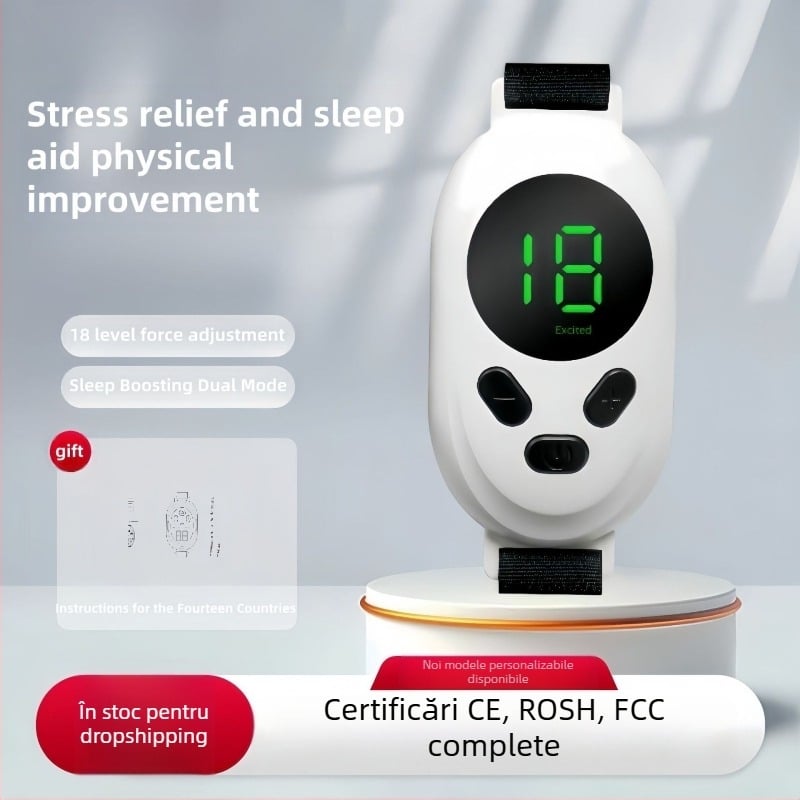 Dispozitiv de ajutor pentru somn cu masaj prin impulsuri, dispozitiv portabil cu afișaj digital, baterie Li-ion încorporată 100–300 mAh, autonomie 1–3 h