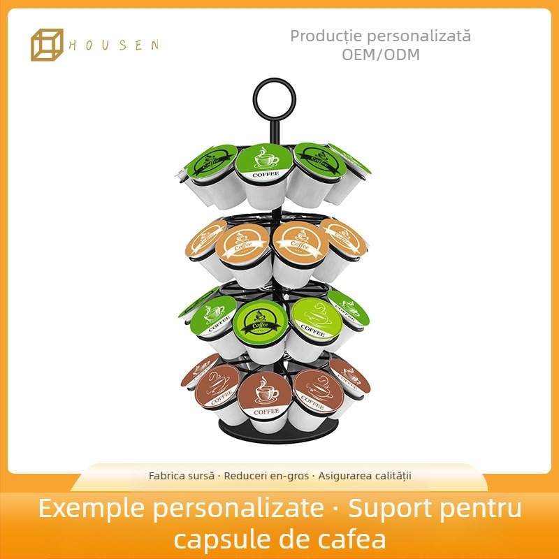 Raft rotativ pentru capsule de cafea cu patru niveluri, compatibil K-Cup și Dolce Gusto, capacitate 36 capsule, finisaj pudră