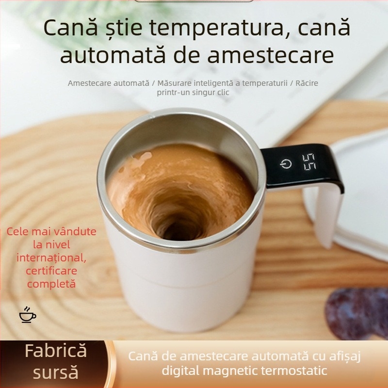 LEC cană de cafea cu afișaj digital al temperaturii, 380 ml, mini electrică, amestecare automată, încărcare USB, cană magnetică pentru ceai