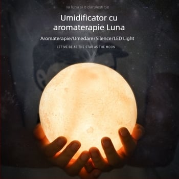 Umidificator în formă de lună cu aromaterapie și lumină de noapte — model WY2541, rezervor 0.5–1 L, zgomot sub 36 dB, putere 5W, alimentare USB/baterie uscată