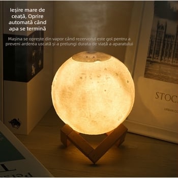 Umidificator în formă de lună cu aromaterapie și lumină de noapte — model WY2541, rezervor 0.5–1 L, zgomot sub 36 dB, putere 5W, alimentare USB/baterie uscată