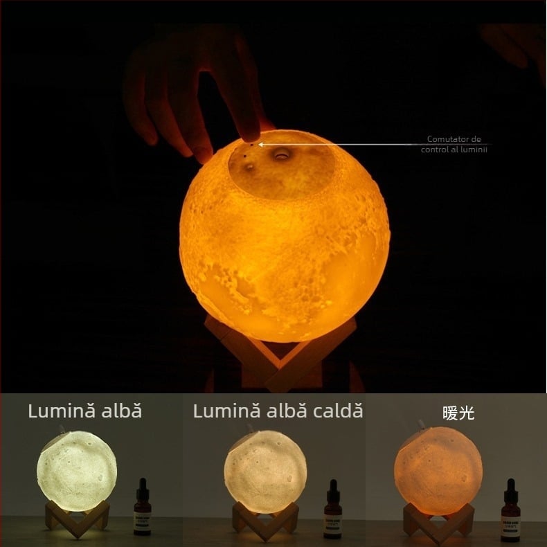 Umidificator în formă de lună cu aromaterapie și lumină de noapte — model WY2541, rezervor 0.5–1 L, zgomot sub 36 dB, putere 5W, alimentare USB/baterie uscată
