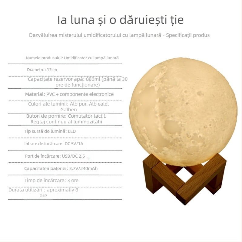 Umidificator în formă de lună cu aromaterapie și lumină de noapte — model WY2541, rezervor 0.5–1 L, zgomot sub 36 dB, putere 5W, alimentare USB/baterie uscată