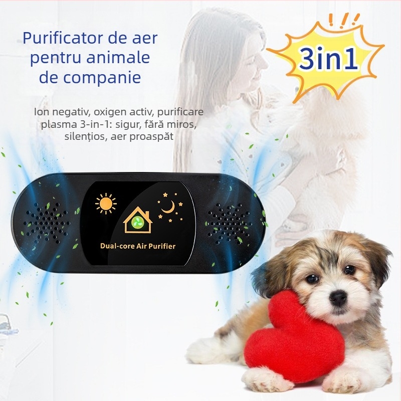 Purificator USB cu ioni negativ, plasmă și ozon – dual-core pentru animale de companie, funcționare silențioasă, potrivit pentru 11–20 m²