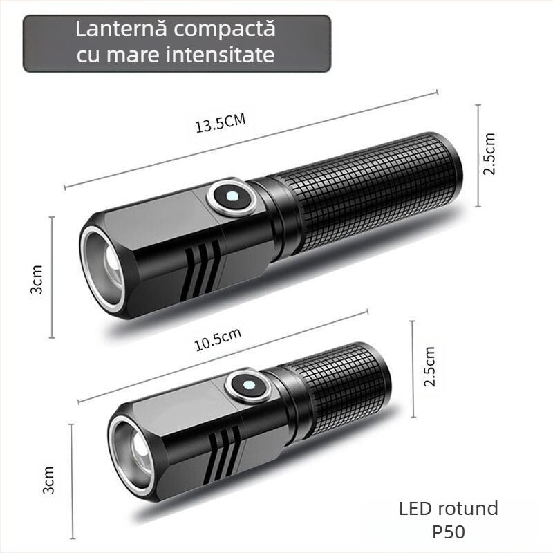 Lanternă K91 din aliaj de aluminiu, 5W, 1800mAh, iluminare laser, încărcare Type-C, rază 200–500 m