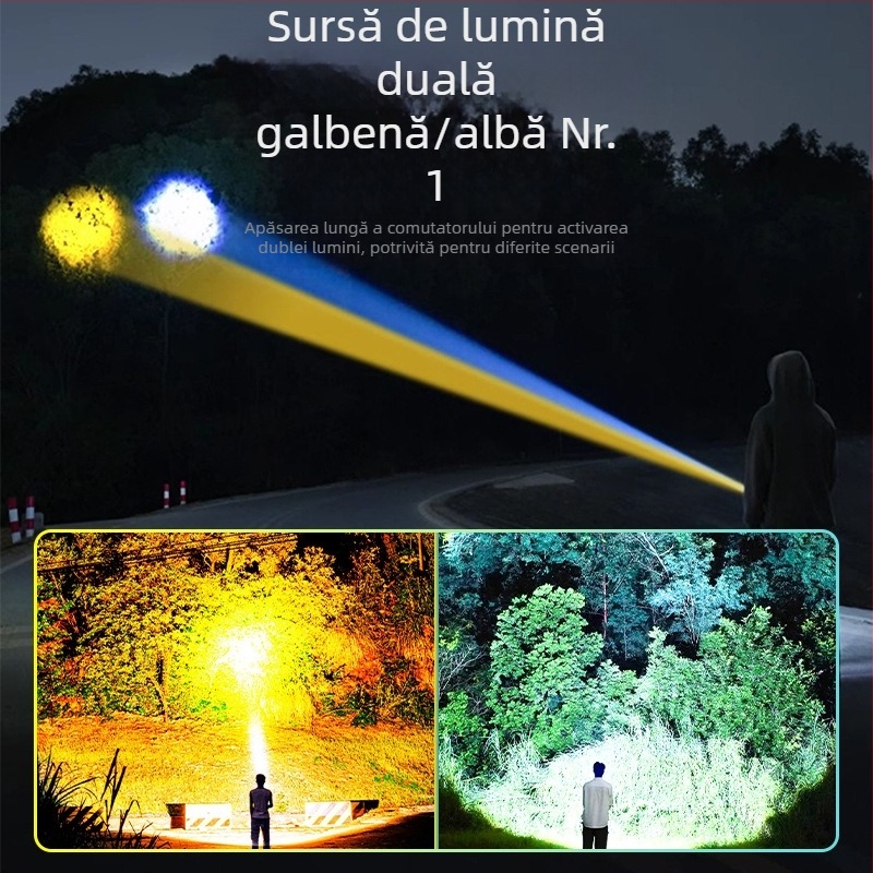 Feron cu laser dublu, focalizare, rază lungă de până la 500 m, 10 W, baterie 3000 mAh, încărcător inclus, LED de avertizare, multifuncțional