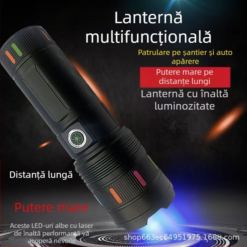 Lanternă LED puternică, 10–15W; baterie 4500–6000 mAh; încărcare USB; rază ≥500 m