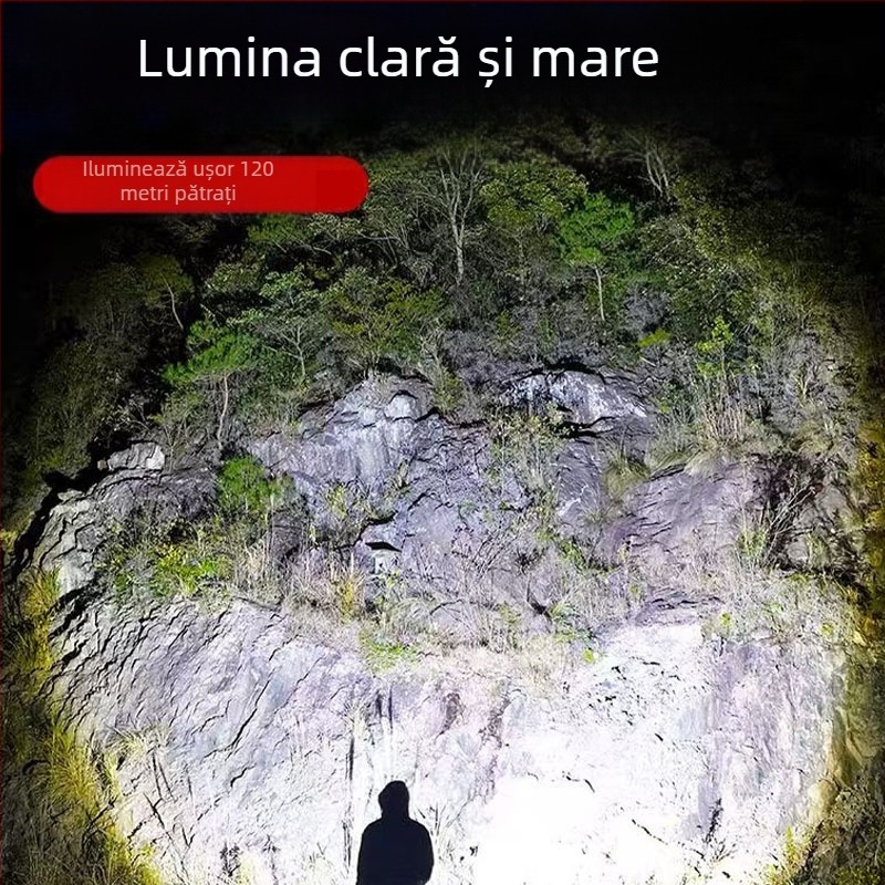 Lanternă LED puternică, 10–15W; baterie 4500–6000 mAh; încărcare USB; rază ≥500 m