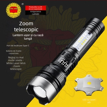 Lanternă LED 5W, 1200mAh reîncărcabilă, fascicul 200–500 m, pentru drumeții și camping