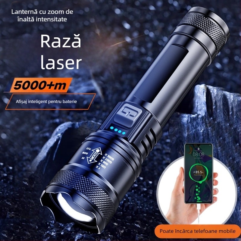 Lanternă de mână pentru exterior, multifuncțională, cu rază lungă de iluminare și iluminare laterală cu laser
