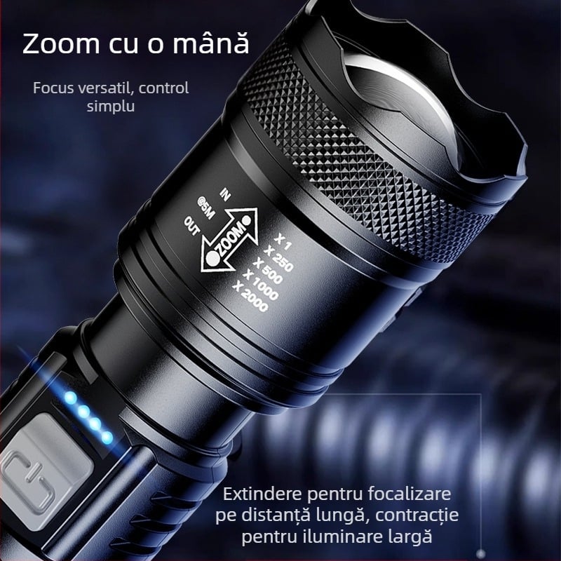 Lanternă de mână pentru exterior, multifuncțională, cu rază lungă de iluminare și iluminare laterală cu laser