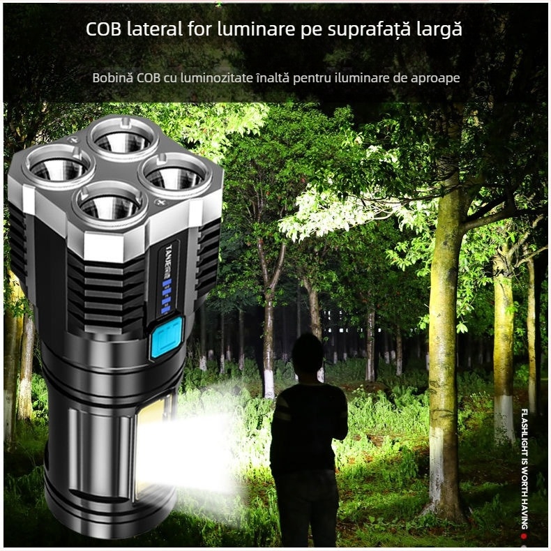 Lanternă LED cu lumină COB laterală, USB încărcare, 5W, 600mAh, alimentare prin apăsare manuală