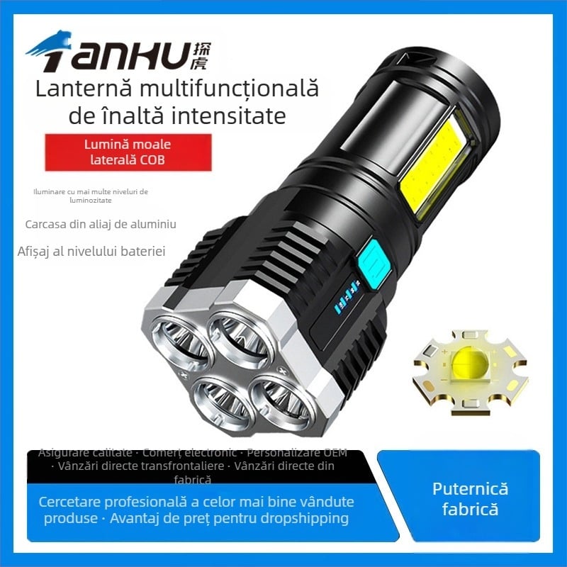 Lanternă LED cu lumină COB laterală, USB încărcare, 5W, 600mAh, alimentare prin apăsare manuală