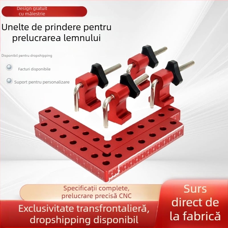 Clema pentru tâmplă din aliaj de aluminiu, bloc de poziționare la 90°, compatibilă cu profile din aluminiu extrudat, tip de calibru