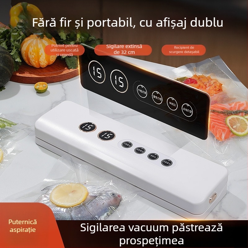 Mașină portabilă de sigilare vid pentru alimente uscate și ud, alimentare USB, 35W/7,4V, carcasă ABS, capacitate 500–1000 ml
