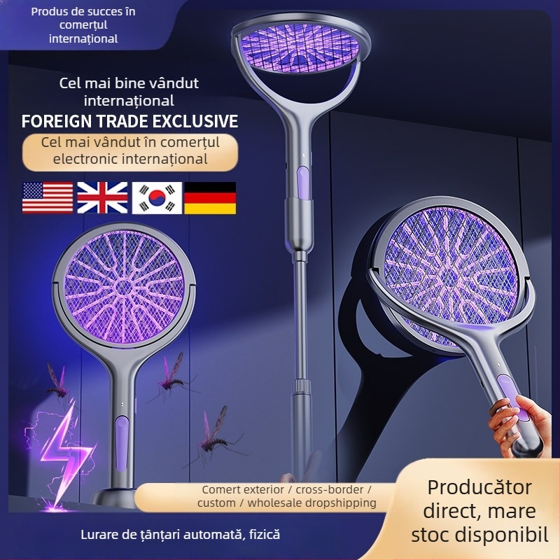 Lopată electrică pentru țânțari cu extensie telescopică, încărcare USB, plasă din aluminiu, capcana UV, acoperire 11-20㎡