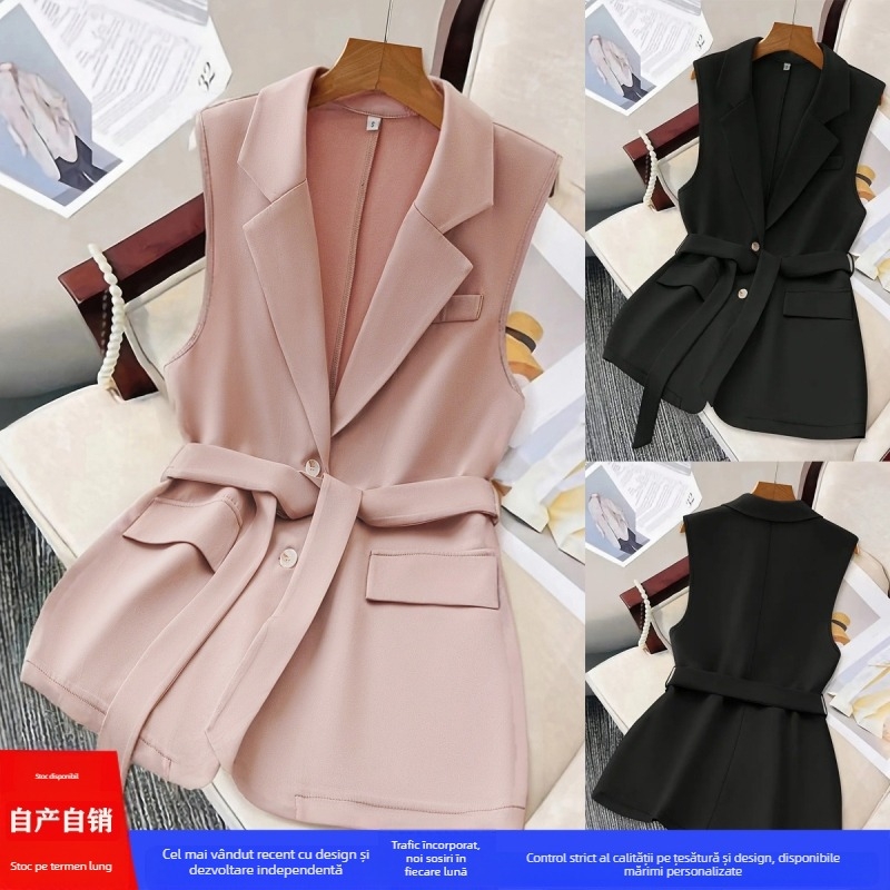 Vestă fără mâneci, croială Slim-Fit, cu două nasturi și guler stil costum, poliester 95%+, primăvara 2025 casual