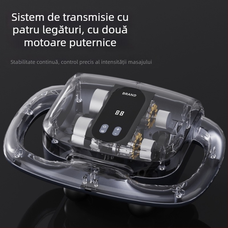 Masaj fascia cu șase capete – motor cu perii, ecran LCD, reglaj pe mai multe niveluri, oprire inteligentă, baterie încorporată 1200–2000mAh, autonomie 3–6 h, zgomot 36–45 dB