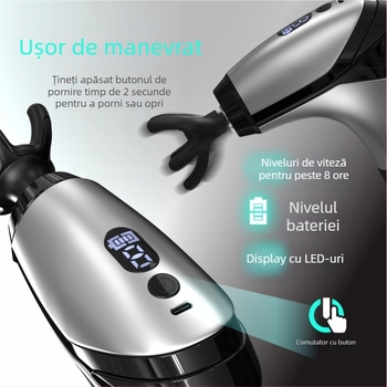 Masaj percutant cu mâner lung, baterie încorporată (1–3 h), 6 capete, motor cu perie, reglaj multi-nivel și viteză