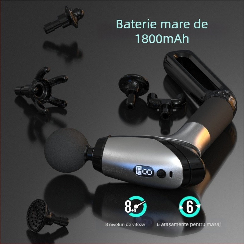 Masaj percutant cu mâner lung, baterie încorporată (1–3 h), 6 capete, motor cu perie, reglaj multi-nivel și viteză