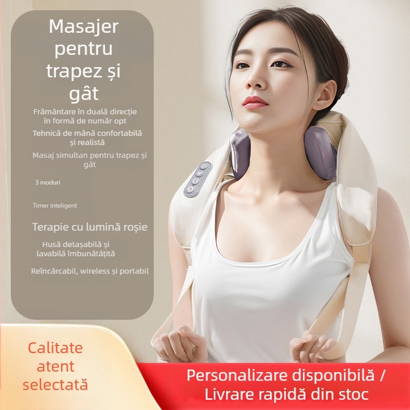 Masaj cervical wireless cu acțiune de frământare, compresie caldă și terapie cu infraroșu, 6 capete, model reîncărcabil 106