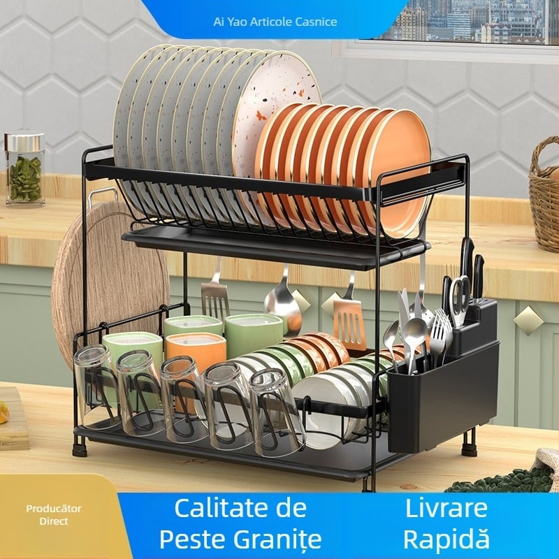 Raft dublu pentru scurgerea vaselor – sârmă de fier, stil modern minimalist, organizator pentru farfurii și boluri