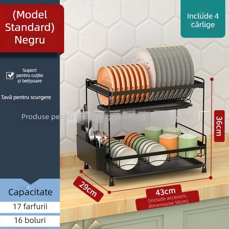 Raft dublu pentru scurgerea vaselor – sârmă de fier, stil modern minimalist, organizator pentru farfurii și boluri