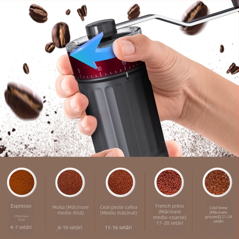 Râșniță de cafea manuală (funcționare manuală; reglaj exterior al măcinării; corp din plastic; 420 g; potrivită pentru birou, casă și bar)