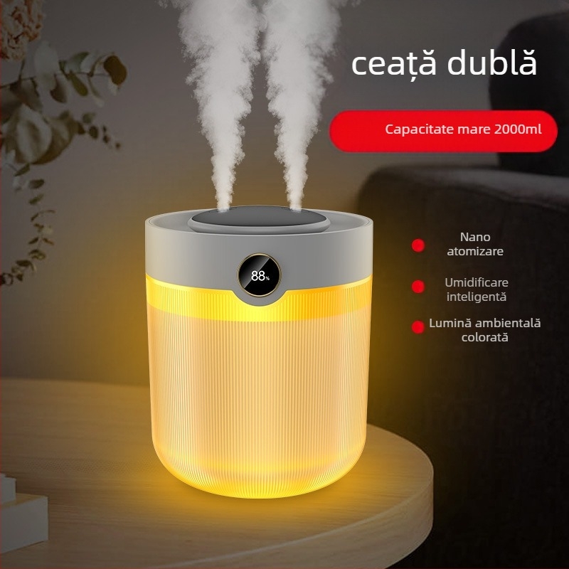 Umidificator de aer, capacitate 2L, jeturi duble de ceață, alimentare USB, aromaterapie, afișaj digital