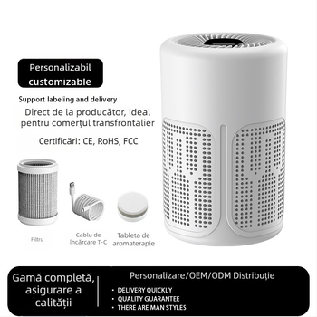 Purificator de aer USB cu filtrare HEPA, cărbune activ și fotocatalizator; elimină formaldehidă și mirosuri; zgomot redus