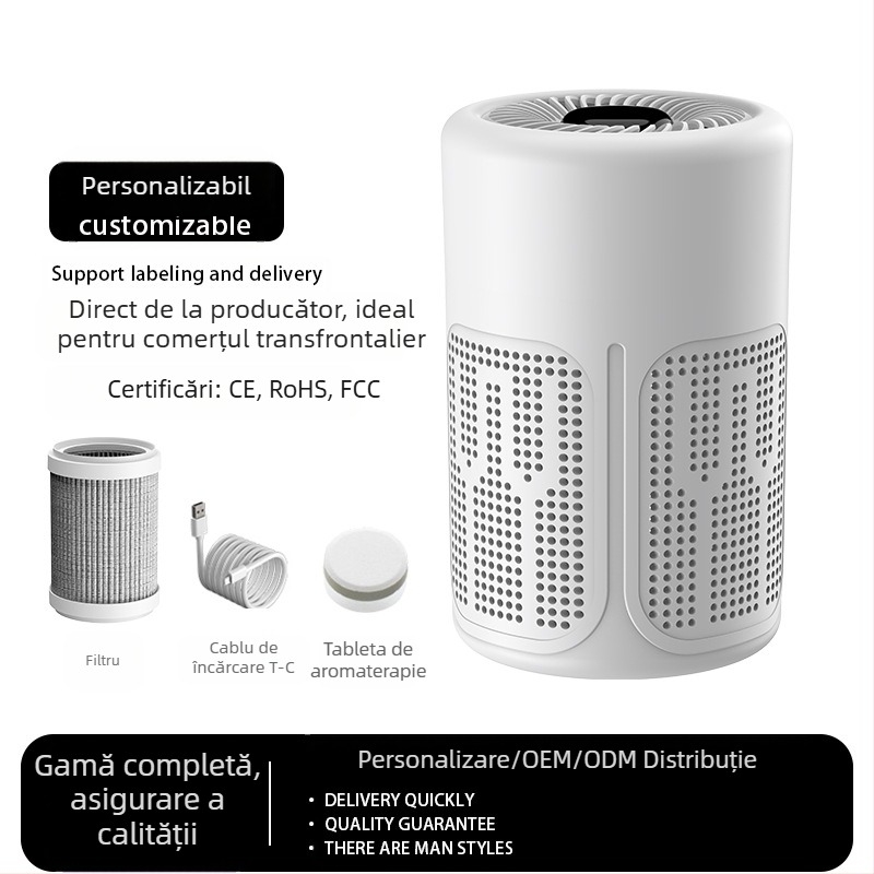 Purificator de aer USB cu filtrare HEPA, cărbune activ și fotocatalizator; elimină formaldehidă și mirosuri; zgomot redus